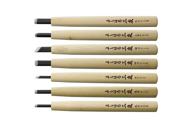 Yoshiharu Y-7 Mitomoto Japanese Wood Carving Knives, Set Of 7 3 Yoshiharu Y-7 Mitomoto Japanese Wood Carving Knives, Set Of 7