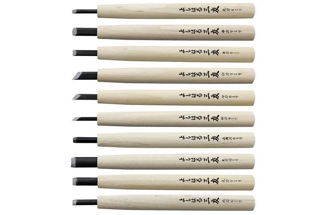 Yoshiharu W-10 Mitomoto Japanese Wood Carving Knives, Set Of 10 In Cloth Pouch 3 Yoshiharu W-10 Mitomoto Japanese Wood Carving Knives, Set Of 10 In Cloth Pouch